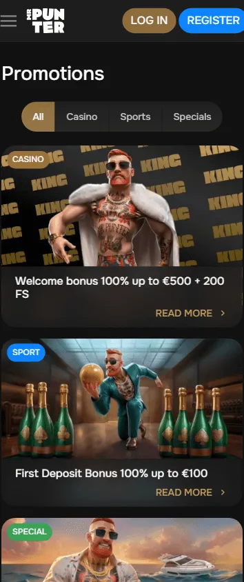 Mrpunter Casino mobile browser promotions area with casino offers and VIP features