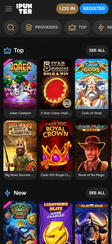 Mrpunter Casino mobile browser games area with slots and live casino categories