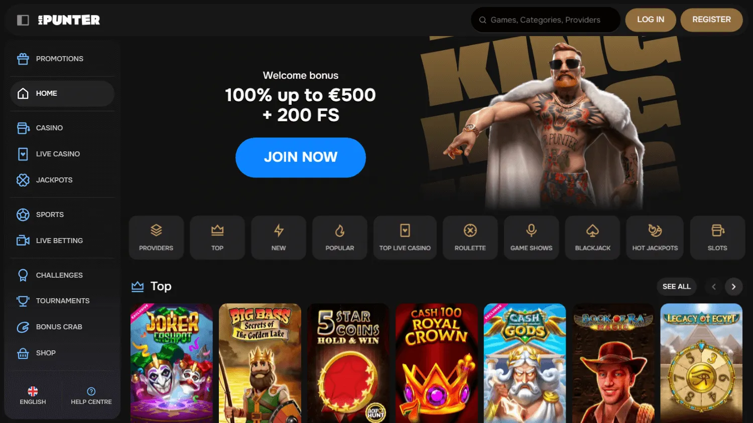Mrpunter Casino desktop homepage with casino, live casino and sportsbook options