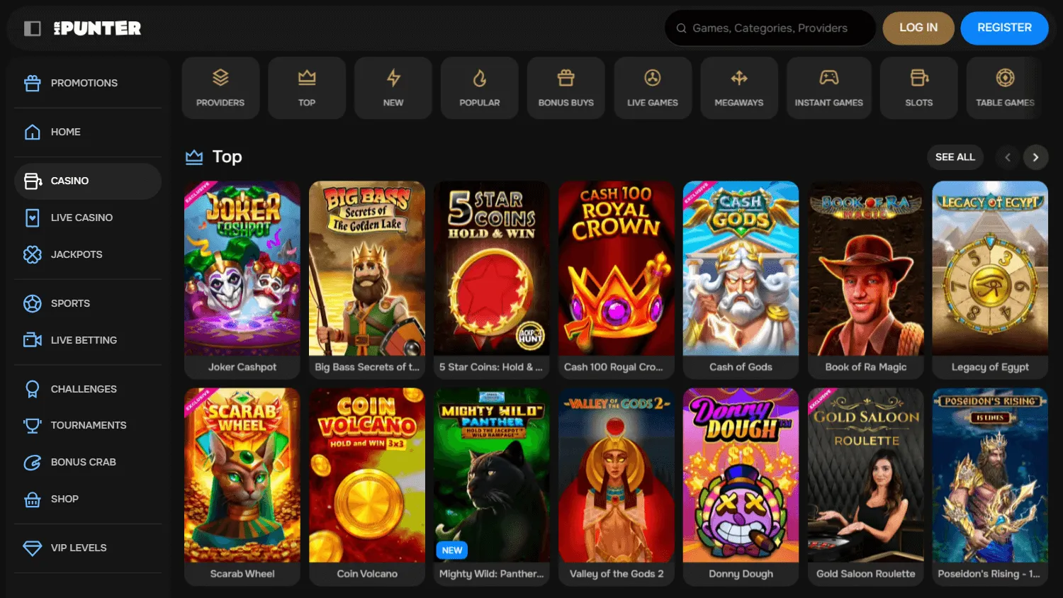 Mrpunter Casino desktop games area with slots, table games and live casino categories
